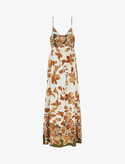 Robe longue à fines bretelles imprimé feuillage - Marron - 2