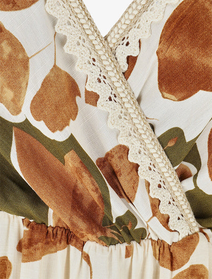 Robe longue à fines bretelles imprimé feuillage - Marron - 3