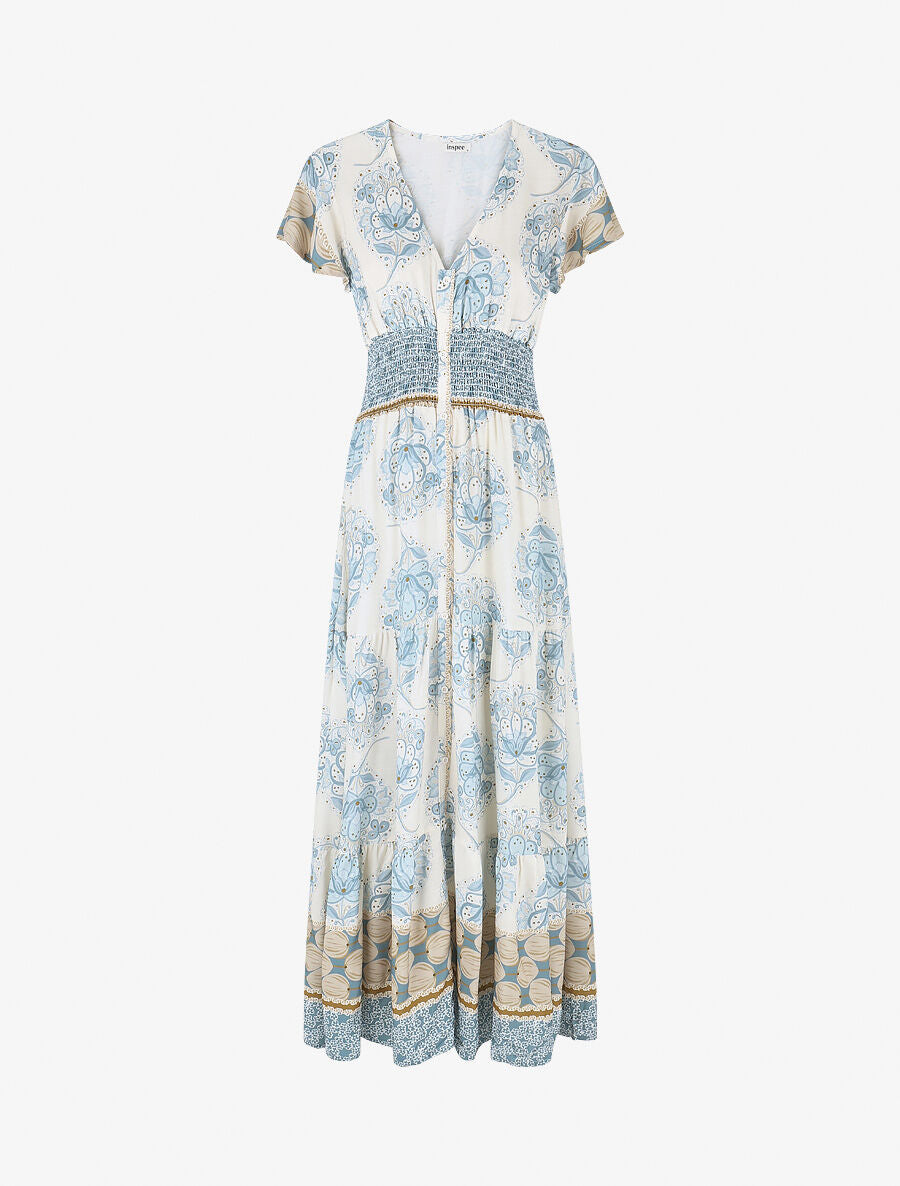 Robe longue à manches volantées imprimé fleuri - Bleu ciel - 1