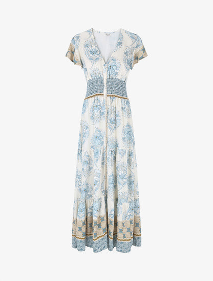 Robe longue à manches volantées imprimé fleuri - Bleu ciel - 1