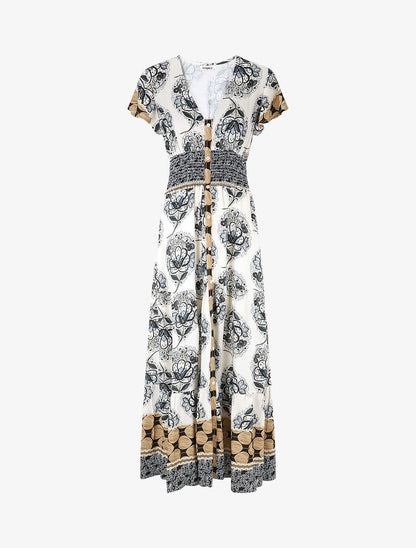 Robe longue à manches volantées imprimé fleuri - Noir - 1