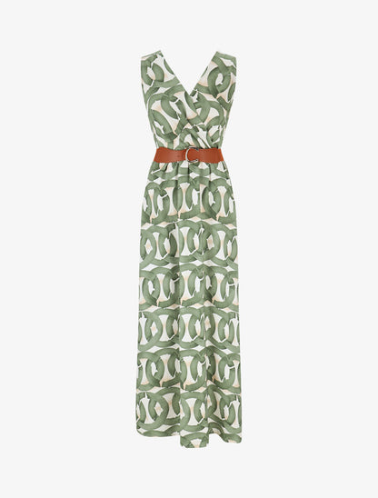 Robe longue sans manches à imprimé graphique - Kaki - 1