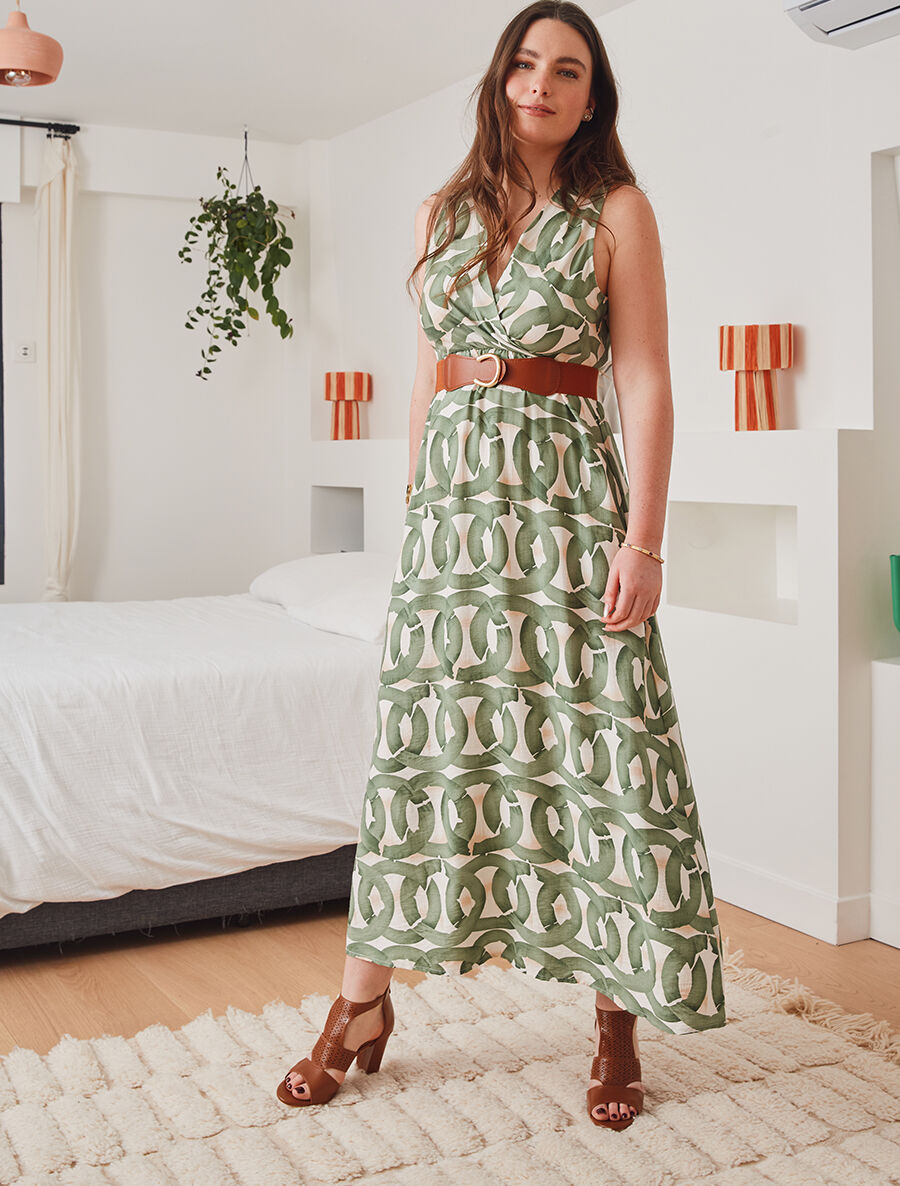 Robe longue sans manches à imprimé graphique - Kaki - 5