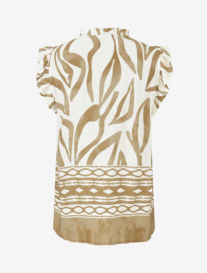 Top imprimé graphique à épaules volantées - Taupe - 2