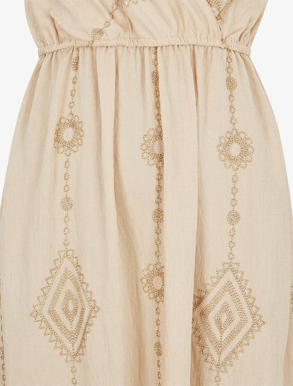 Robe longue à fines bretelles et broderies irisées - Beige - 3