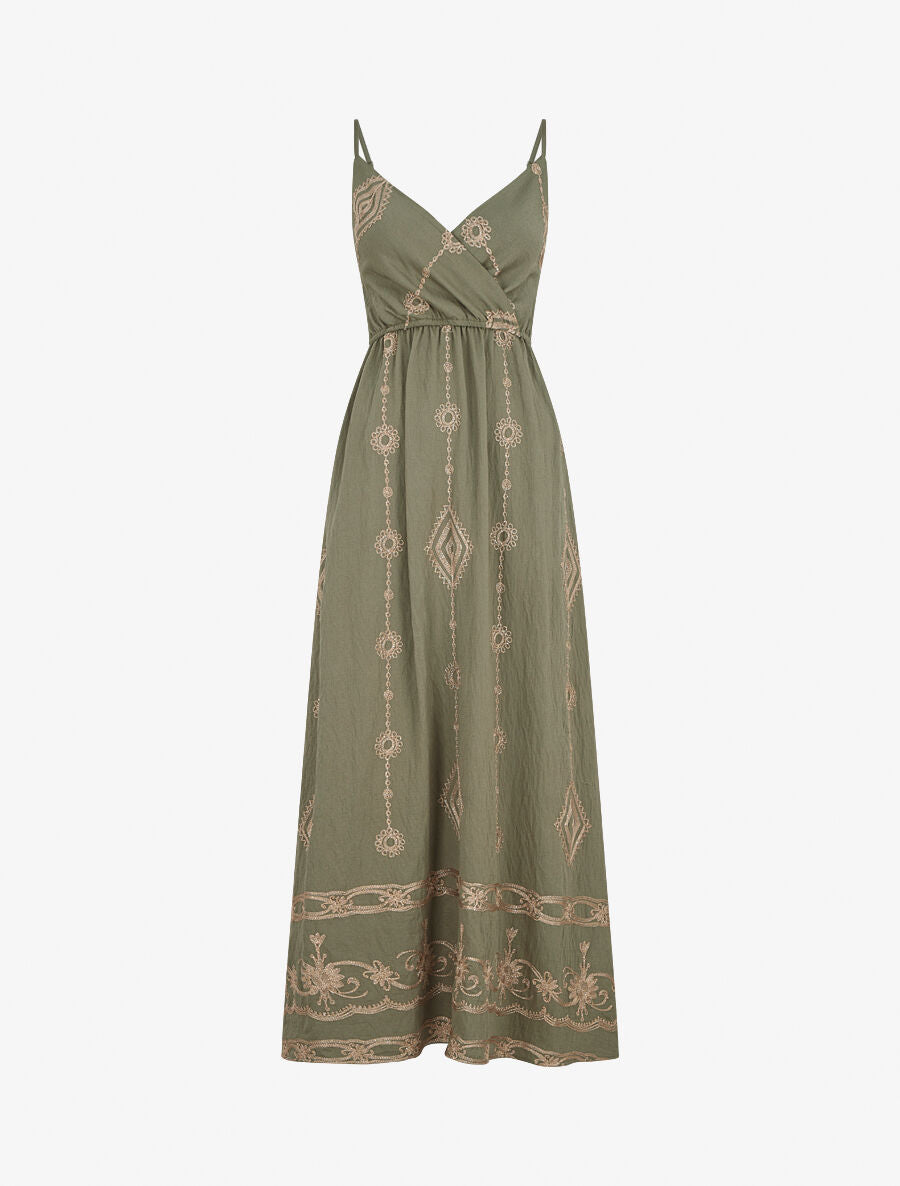 Robe longue à fines bretelles et broderies irisées - Kaki - 1