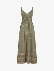 Robe longue à fines bretelles et broderies irisées - Kaki - 1