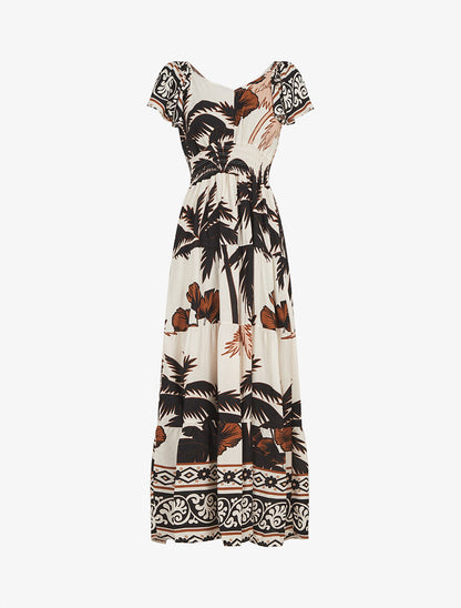 Robe longue imprimé palmier à manches courtes - Noir - 1