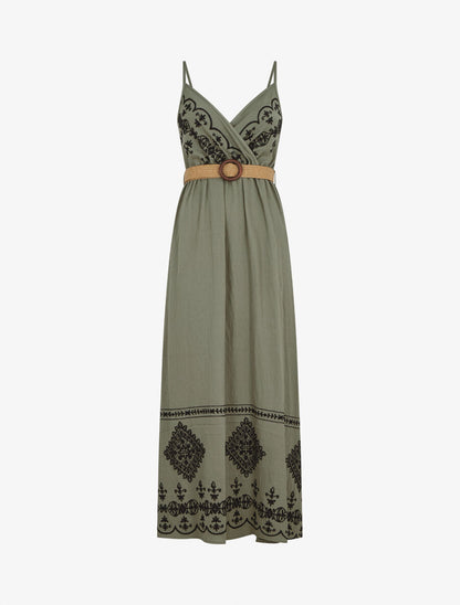Robe longue à fines bretelles et broderies - Kaki - 4