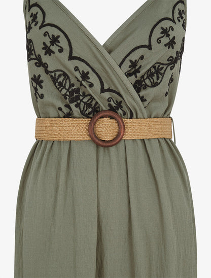 Robe longue à fines bretelles et broderies - Kaki - 3