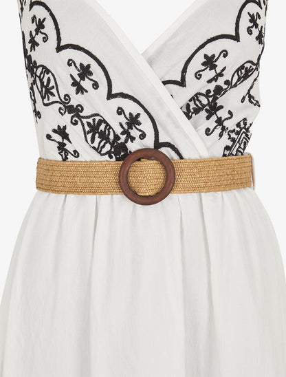 Robe longue à fines bretelles et broderies - Blanc - 3