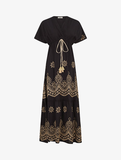 Robe longue empire à manches courtes et broderies - Noir - 1