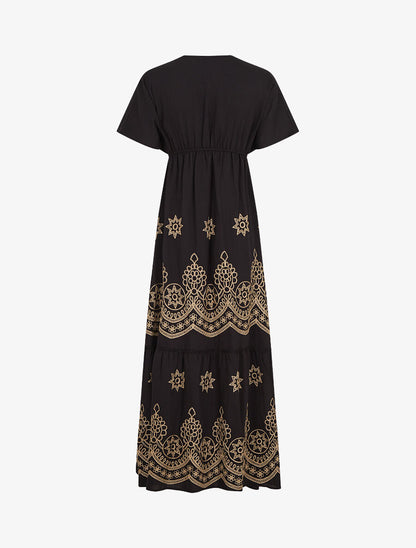 Robe longue empire à manches courtes et broderies - Noir - 2