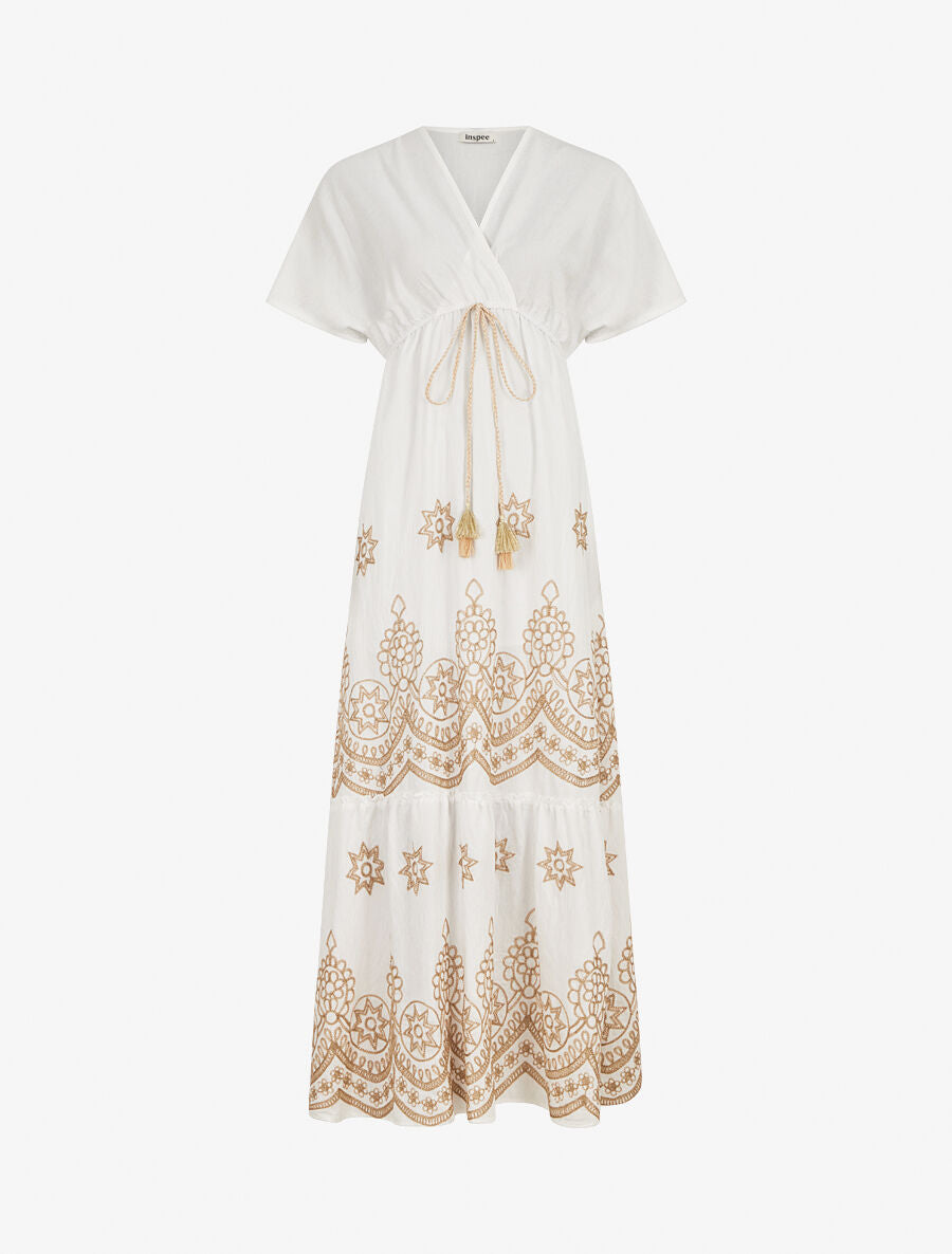 Robe longue empire à manches courtes et broderies - Blanc - 1