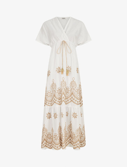 Robe longue empire à manches courtes et broderies - Blanc - 1