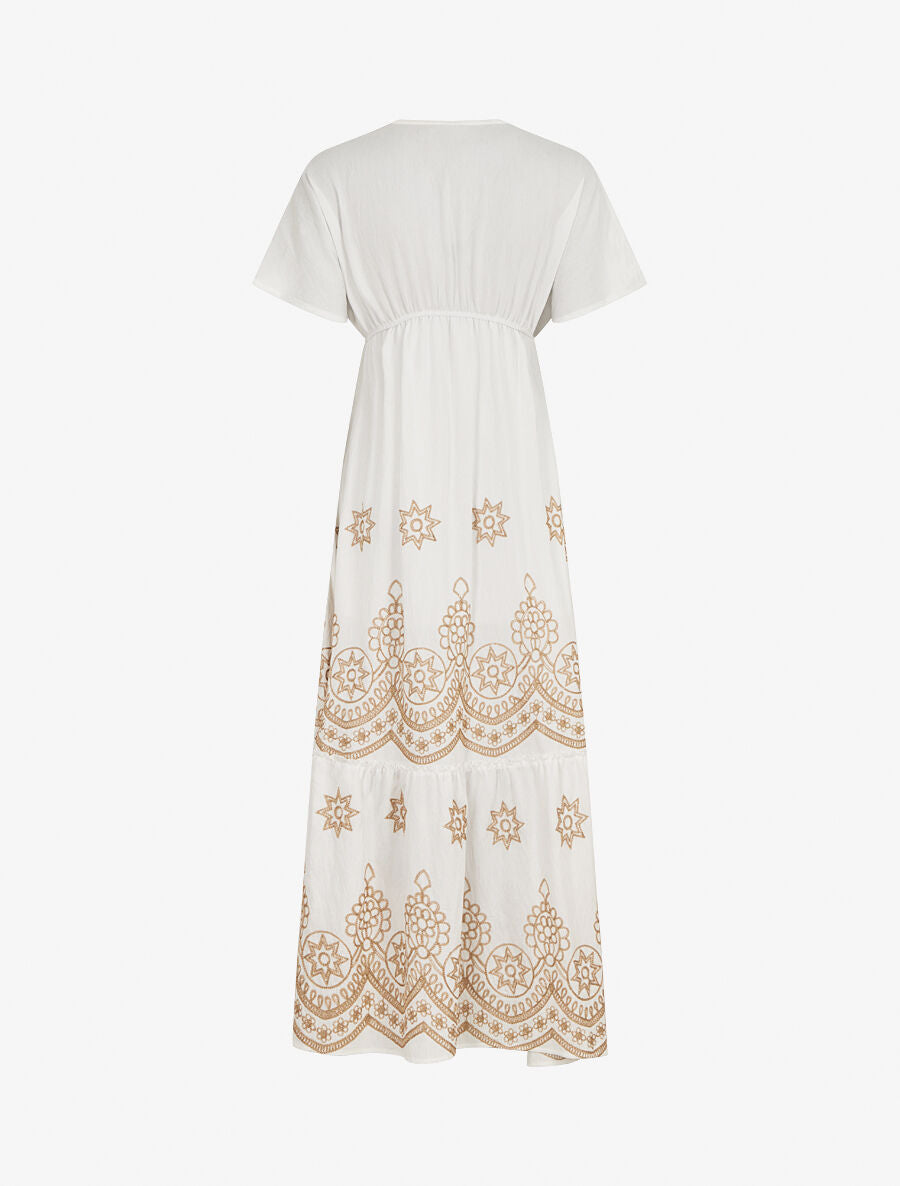 Robe longue empire à manches courtes et broderies - Blanc - 2