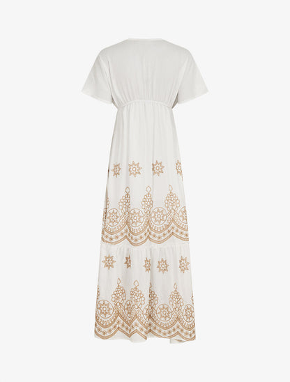 Robe longue empire à manches courtes et broderies - Blanc - 2