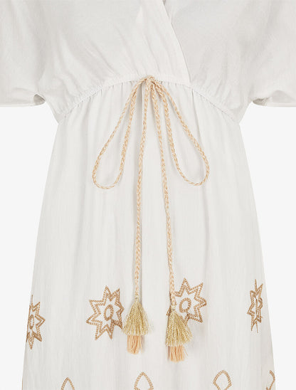 Robe longue empire à manches courtes et broderies - Blanc - 3