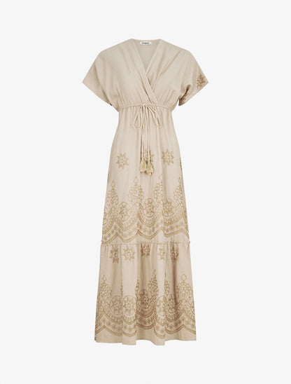 Robe longue empire à manches courtes et broderies - Beige - 1