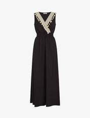 Robe longue sans manches unie col à pompons - Noir - 4