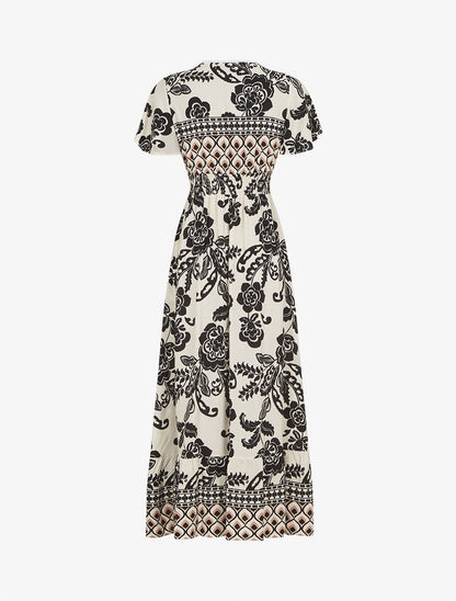 Robe longue fleurie à manches courtes - Écru - 2