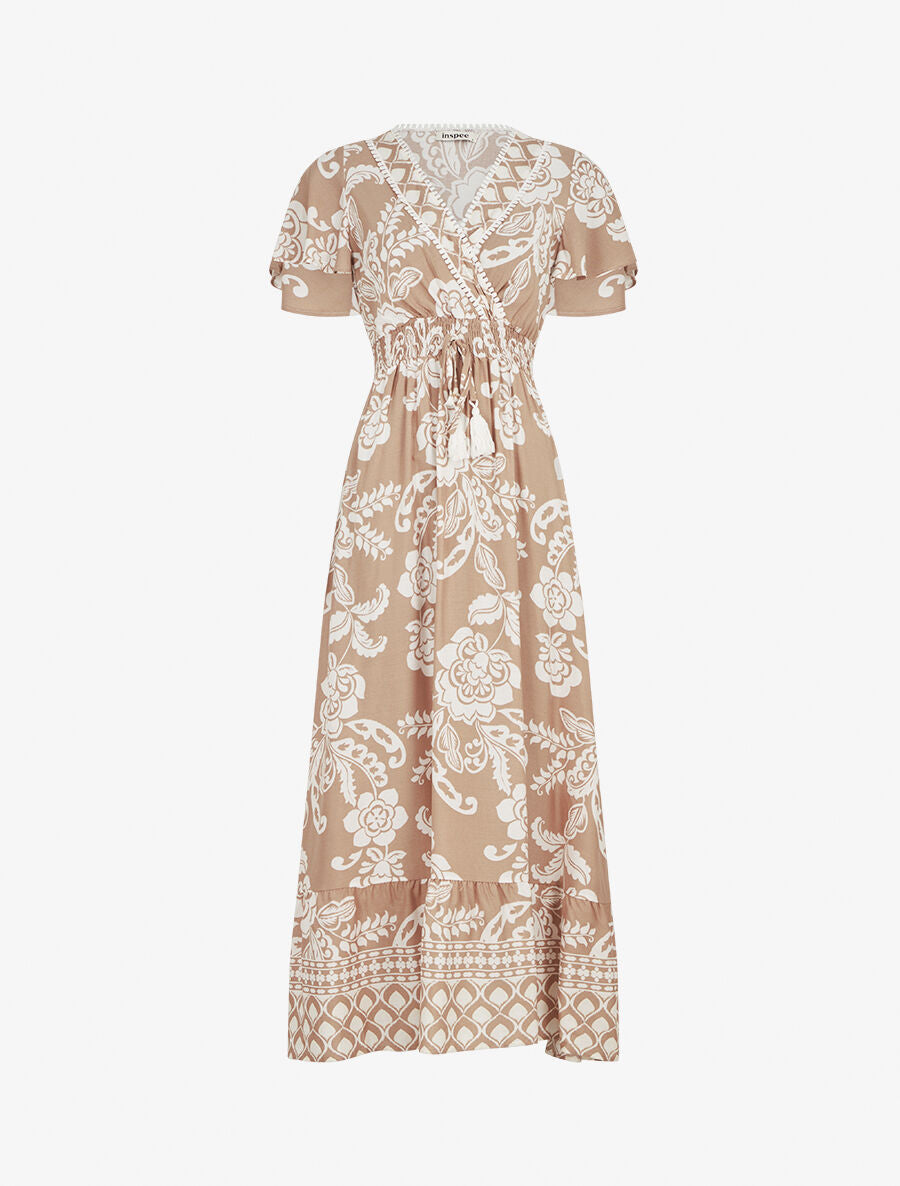 Robe longue fleurie à manches courtes - Beige - 4