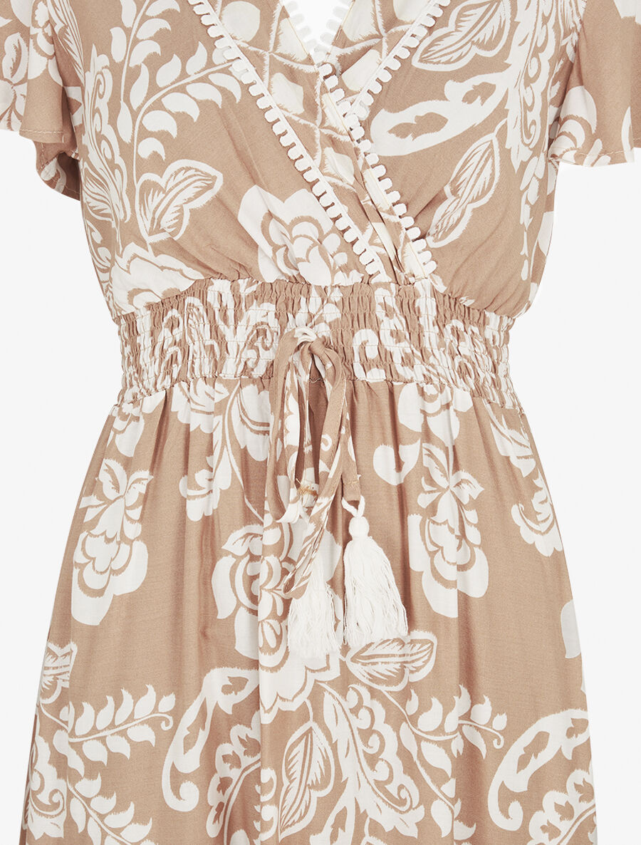 Robe longue fleurie à manches courtes - Beige - 3