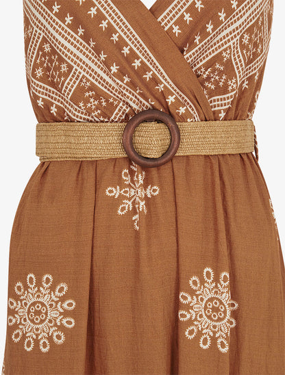 Robe longue à fines bretelles à motif fantaisie - Camel - 3