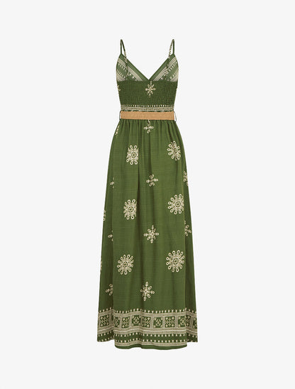 Robe longue à fines bretelles à motif fantaisie - Vert - 2