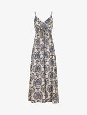 Robe longue à fines bretelles imprimé floral arabesque - Marine - 1