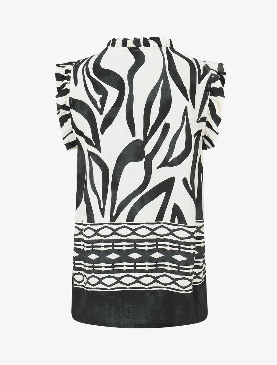 Top imprimé graphique à épaules volantées - Noir - 2