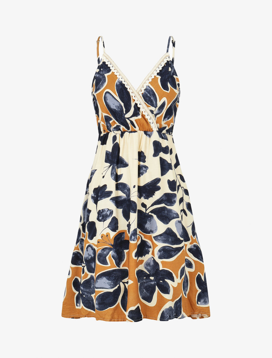 Robe mi-longue à bretelles imprimé feuillages - Marine - 1