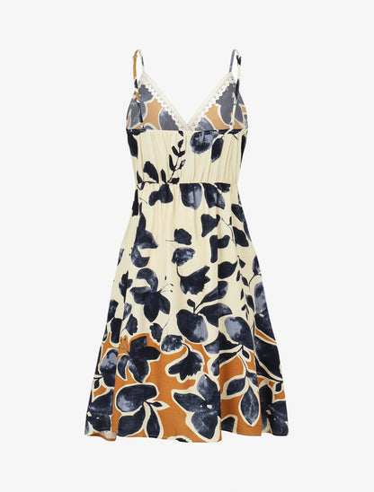 Robe mi-longue à bretelles imprimé feuillages - Marine - 2