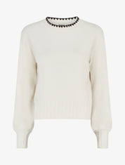 Pull droit à col rond brodé - Blanc - 1
