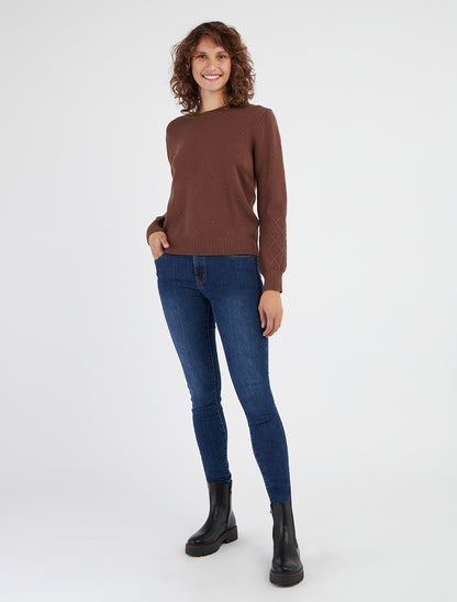 Pull maille motif pois encolure ronde - Marron