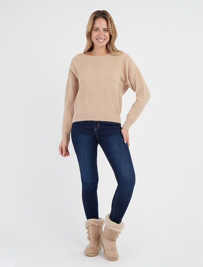 Pull texturé col rond - Taupe