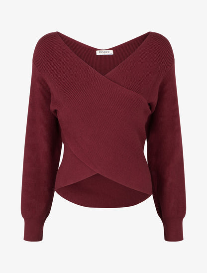 Pull côtelé cache-cœur ajusté - Bordeaux