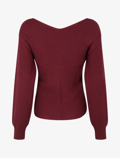 Pull côtelé cache-cœur ajusté - Bordeaux