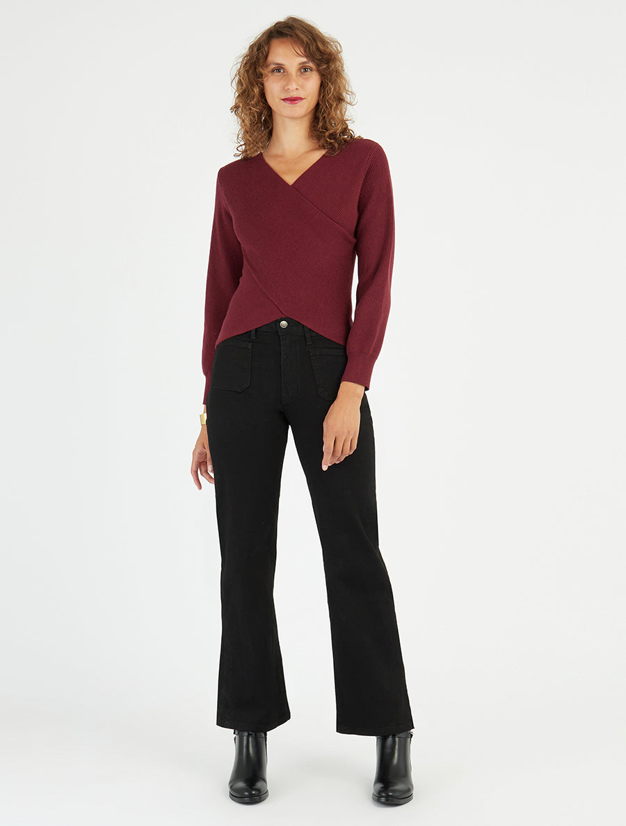 Pull uni côtelé à col cache-coeur - Bordeaux - 8