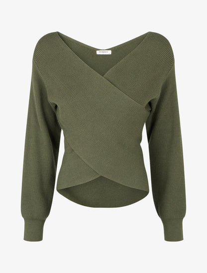 Pull côtelé col cache-cœur ajusté - Kaki