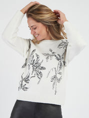 Pull col rond imprimé fantaisie - Blanc