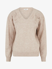 Pull droit à fleurs brodées - Beige - 1