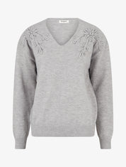 Pull droit à fleurs brodées - Gris clair - 1