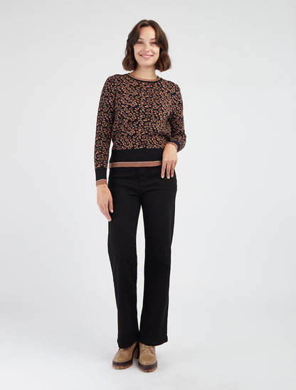 Pull léopard détail irisé col rond - Noir