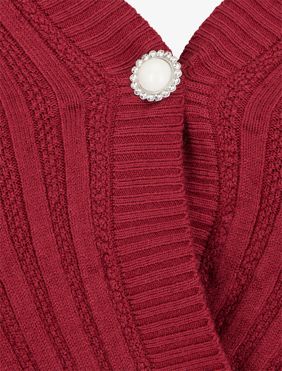 Pull à col V et boutons décoratifs strassés - Bordeaux - 3