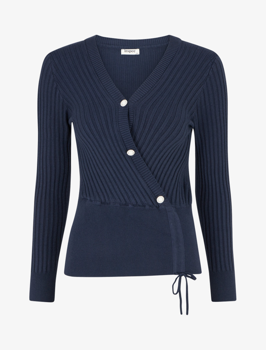 Pull à col V et boutons décoratifs strassés - Marine - 1
