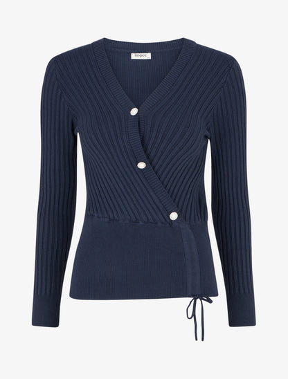 Pull à col V et boutons décoratifs strassés - Marine - 1