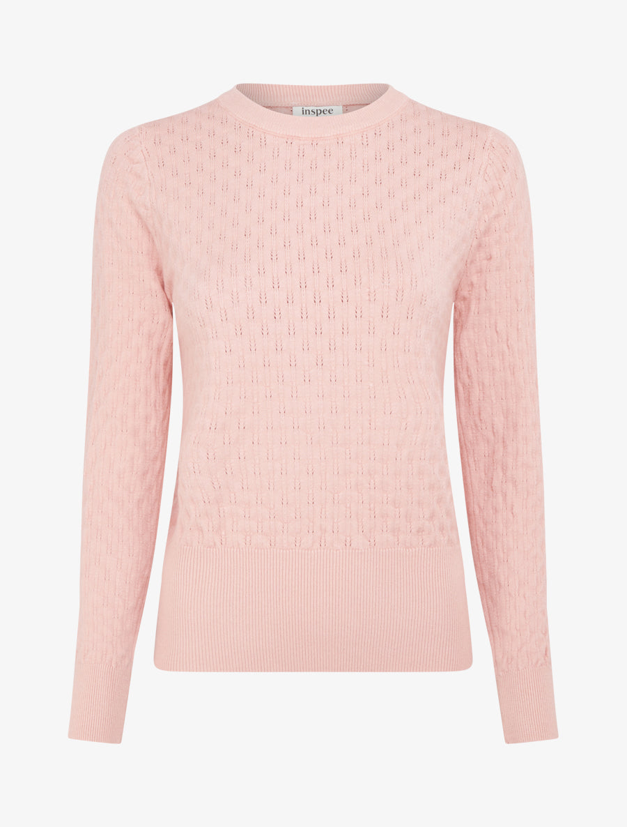 Pull ajusté en maille texturée à col rond - Rose - 1