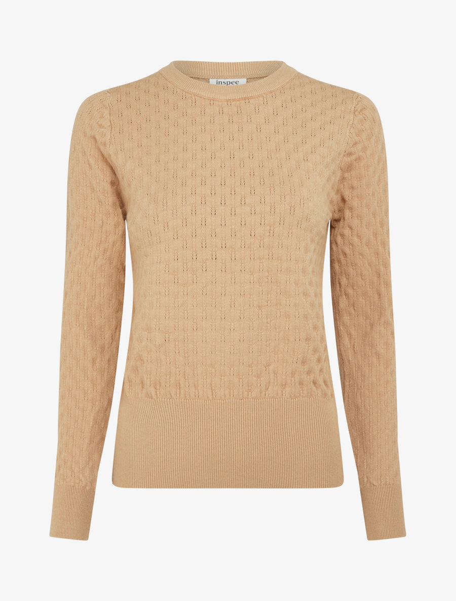 Pull ajusté en maille texturée à col rond - Camel - 1