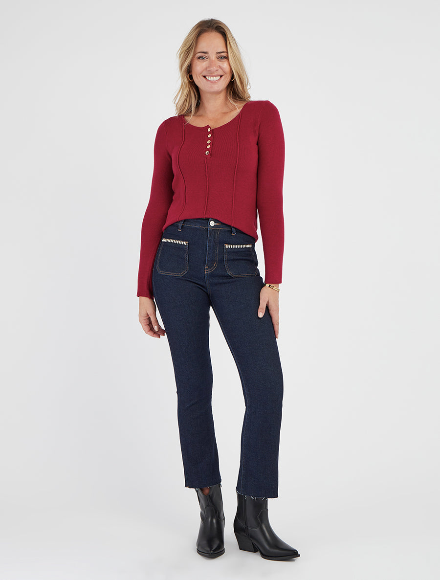 Pull côtelé col rond patte boutonnée - Bordeaux